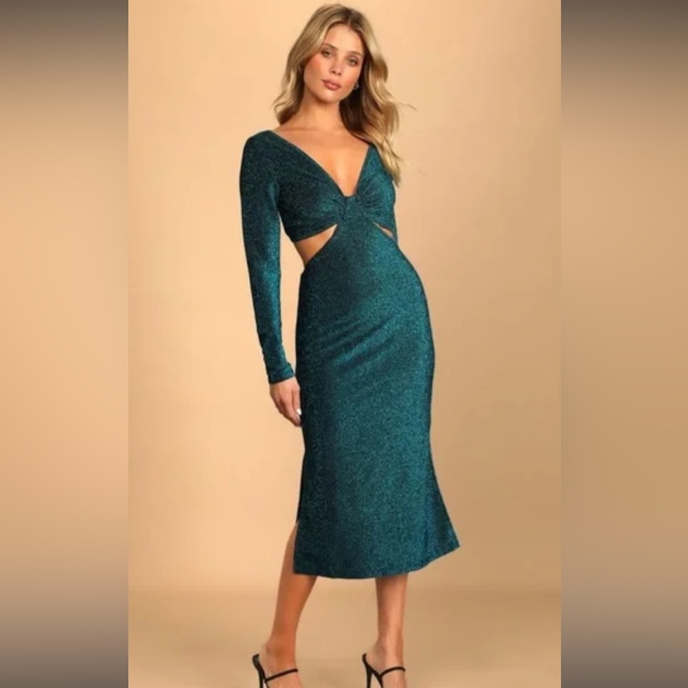 NWT Lulus Sparks of Love Metallic Blue Cutout Long Sleeve Midi Dress Medium